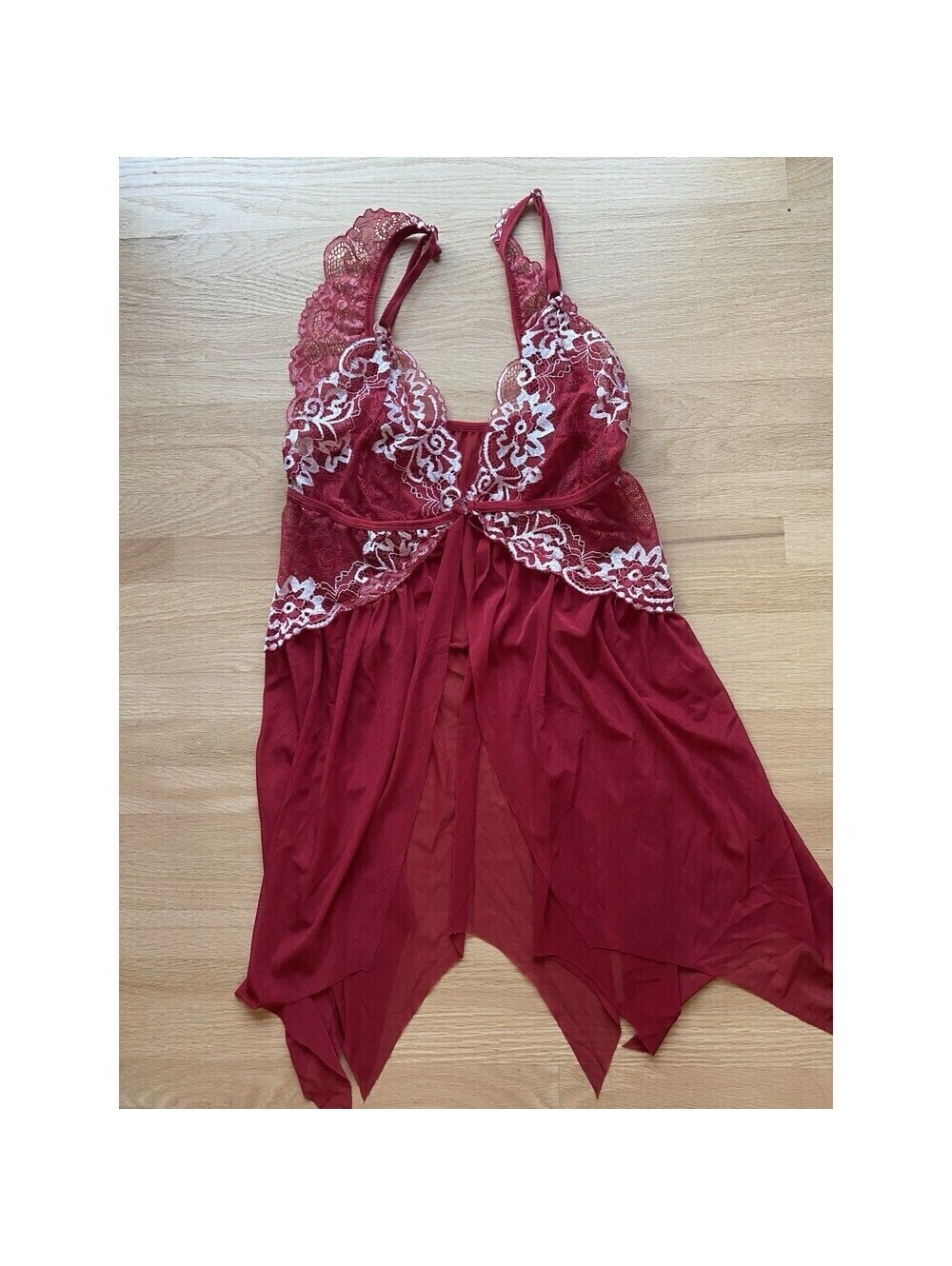 Coquette Fairy Babydoll Red Lace Mesh Open Front Handkerchief Hem Lingerie L XL